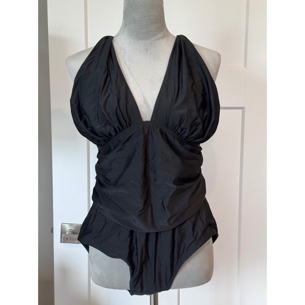 Black Halter Ruched Slimming One Piece Swimsuit Ruched VNeck Crisscross Back 2XL